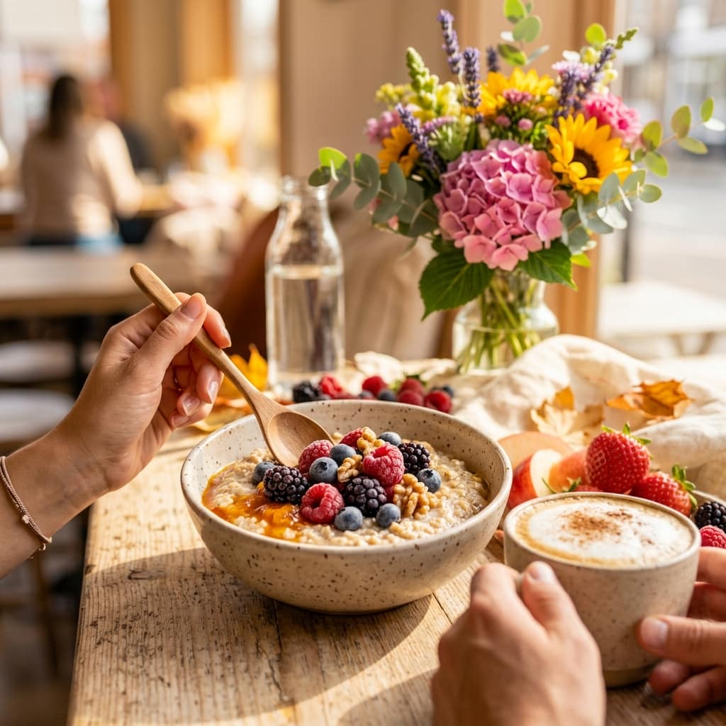 Beeren-Porridge mit Ballaststoffkonzentrat und Apfel-Zimt Protein-Kaffee auf einem Holztisch mit Herbstdekoration